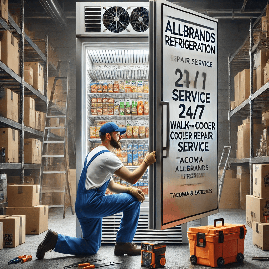 <img src="/images/walk-in-cooler-repair.jpg" alt="Walk-in cooler repair technician from Allbrands Refrigeration working on door seals in a commercial setting with visible inventory, representing grocery or restaurant environment. Tools and equipment organized nearby, emphasizing professionalism, reliability, and 24/7 service for Tacoma and Seattle areas.">