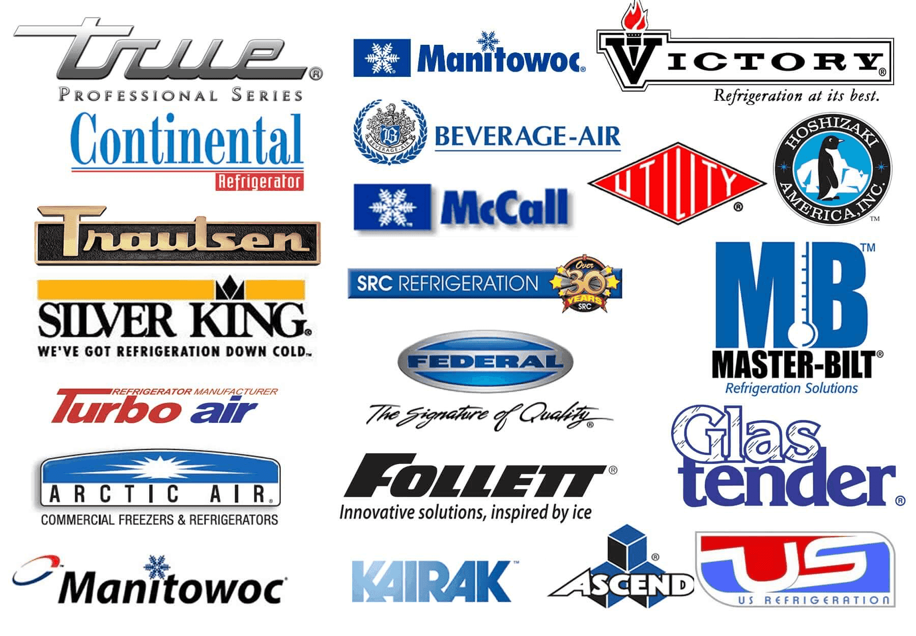 Logos of top commercial refrigeration and HVAC equipment brands, including True, Manitowoc, Victory, Continental, Beverage-Air, Hoshizaki, Traulsen, Silver King, Turbo Air, Arctic Air, McCall, Master-Bilt, Federal, Glas-Tender, Follett, Kairak, and more. These manufacturers provide high-quality refrigeration, ice machines, freezers, and cooling solutions used in Seattle's restaurant and food service industry