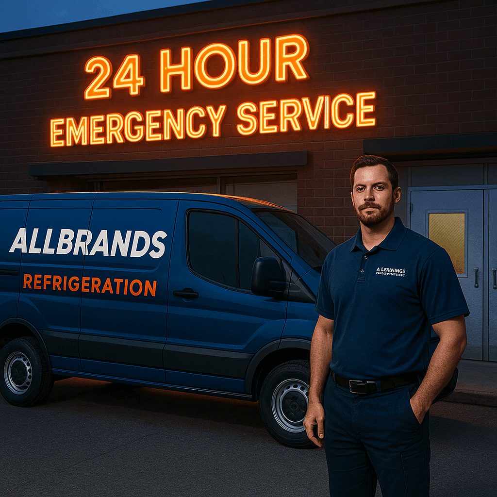 Technician in an Allbrands Refrigeration uniform standing beside a service van at night, with a glowing neon sign reading "24 HOUR EMERGENCY SERVICE" in the background.