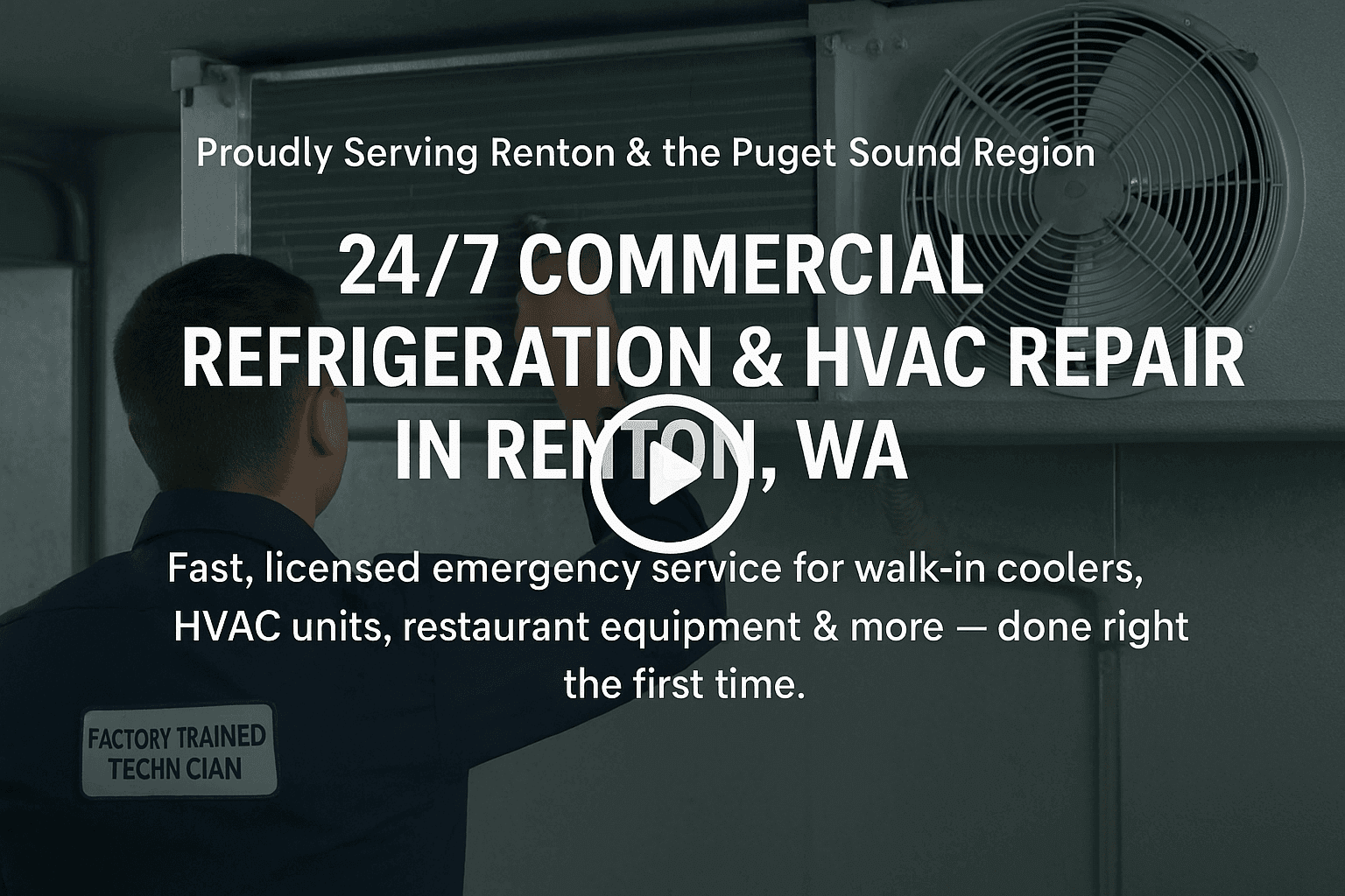 Allbrands Refrigeration technician working on walk-in cooler evaporator in Renton, WA. Factory Trained Technician badge visible. 24/7 commercial refrigeration & HVAC repair banner.