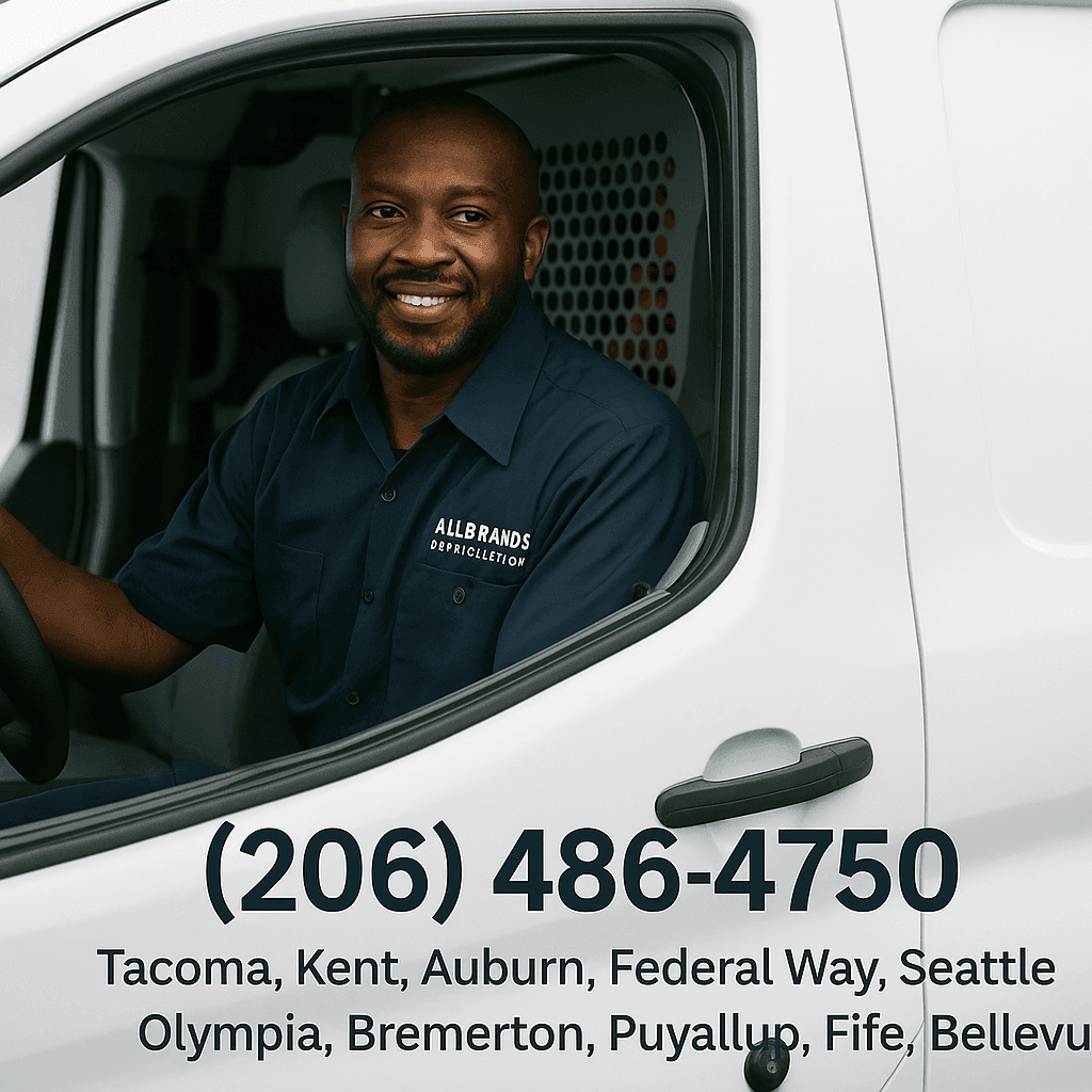 African American Allbrands Refrigeration technician in service van, smiling and ready for dispatch. Phone number (206) 486-4750 and service areas including Tacoma, Kent, Auburn, Seattle, and Olympia displayed.