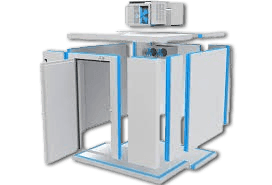 Metallic MRI scanner room with open door, featuring blue accents and overhead apparatus.