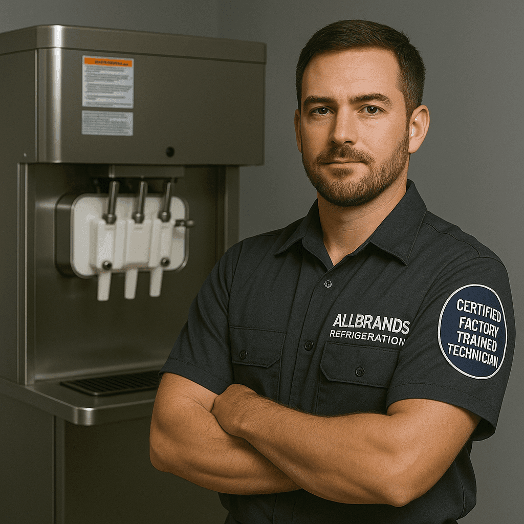 Allbrands Refrigeration technician standing confidently next to a soft serve ice cream machine, wearing a dark uniform with 'Certified Factory Trained Technician' badge on the shoulder and company logo on the chest.